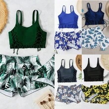 Nuevo bikini sexy y a la moda con tirantes dobles, bragas estampadas de doble pieza, traje de baño de tres piezas para mujer. - Negro - Ver 2