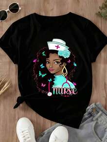 Camiseta de Enfermera para Mujer con Estampado de Enfermera Afroamericana y Texto de Enfermera para Uso Casual en Primavera y Verano - Negro - Ver 2