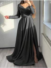 Elegant Green Lace Maxi Dress With Ruffles, Bateau Neckline, Mid-Waist, Party Style, Women's Fashion - 黑色 - 查看 5