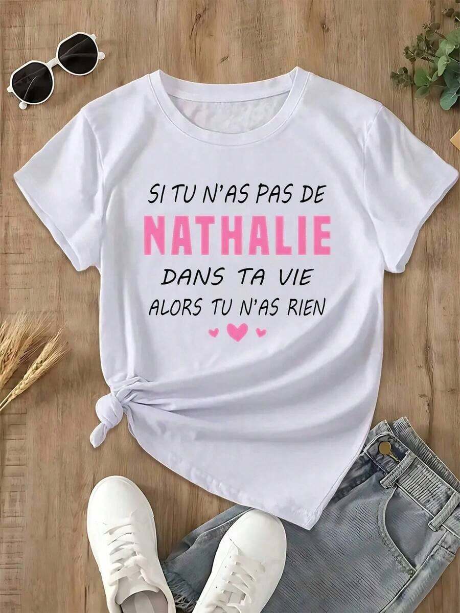Camisetas con Estampados Gráficos: Nathalie, un atractivo nombre francés, camiseta de moda de manga corta para mujer 100% algodón.-Vintage Street Style Unisexoose Cotton Short Sleeve Crew Neck T-Shirt - Blanco - Ver 1