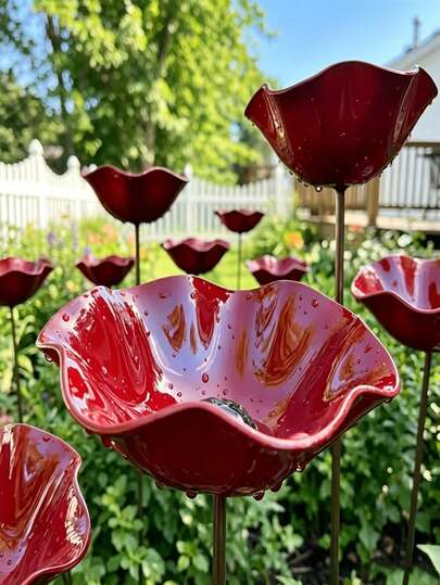 1pc Handmade Garden Stake, Available In Red, Pink, Yellow, Metal Alloy Material, Bird, Bee, Butterfly Feeder, Hummingbird Waterer, Colorful Vertical Plant Sculpture Decor For Outdoor Garden, Ideal For Summer