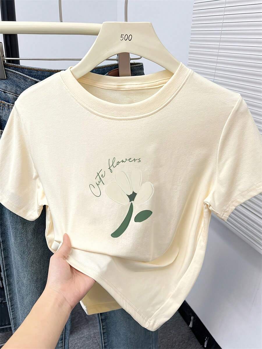 Camiseta Básica Versátil y Minimalista de Manga Corta y Cuello Redondo para Mujer - Colección de Verano blusas para mujer - Albaricoque - Ver 1