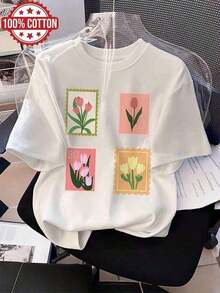Camisetas Gráficas 100% Algodón para Mujer, Camiseta de Algodón Puro Estilo Vintage con Estampado de Tulipanes Retro, Cuello Redondo Casual, Manga Corta, Top de Primavera Verano. 100% Algodón, Camiseta Transpirable, Combina con Todo. - Blanco - Ver 7