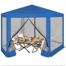 Pavillon 3,8x3,3 m sechseckig, Gartenpavillon mit Seitenwänden und Moskitonetz, Metallpavillon, Partyzelt, einfache Montage ohne Werkzeug, für Garten, Terrasse, Patio, beige - Weiß - Übersicht 4