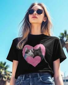Camisetas de Mujer, Camiseta de Algodón con Estampado de Corazón, Pareja de Gatos, Animal Bonito, Cuello Redondo, Manga Corta, Estilo Casual, Holgada, Color Negro, Talla M - Negro - Ver 3