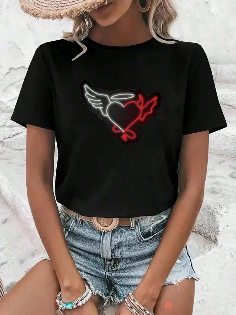 Women's Casual Loose Fit T-Shirt With Fun Angel And Demon Heart Print - Casual Crew Neck, Short Sleeves, Breathable, For Spring And Summer, Fashionable, Casual, Soft, Lightweight And Comfortable, Suitable For Daily Wear, Outdoor Activities And The Gym. Leisure - 黑色 - 查看 1
