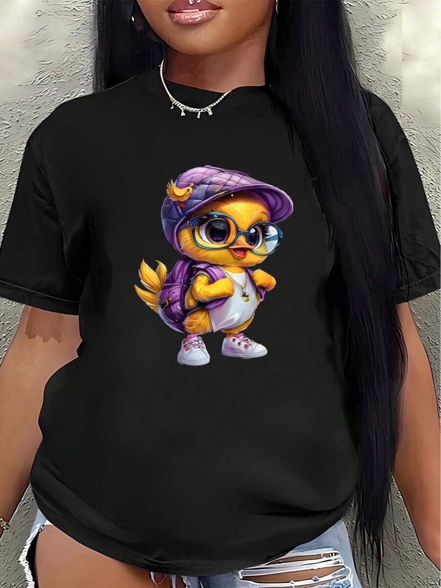 Camiseta ligera de manga corta, con un lindo diseño de pato de dibujos animados, es perfecta para relajarse en casa o salir casualmente a un restaurante, ofreciendo un uso cómodo para el día a día y complementada con elegantes detalles decorativos. - Negro - Ver 1