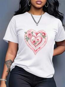Ropa de mujer, camiseta holgada para damas - Blusa blanca suave, transpirable, cómoda y de buen ajuste, con estampados de corazones femeninos y motivos florales, decorada con rosas rosadas y hojas verdes - Una prenda casual imprescindible para la primavera y el verano, la camiseta tiene un diseño duradero de cuello redondo, creando una prenda de moda ligera y cómoda para mujeres. - Blanco - Ver 8