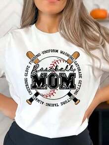 1 pieza de camiseta gráfica de manga corta y cuello redondo para mujer - con estampado de "Baseball Mom" y eslogan del equipo de animación, con bate de béisbol, guante y pelota, estética de madre deportista, top casual para uso diario, 180g 100% algodón, los diseños están impresos. Unisexo. - Blanco - Ver 7