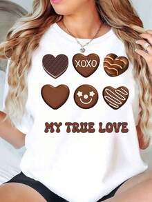 Camiseta Vintage de Algodón para Mujer, Estampado Corazones de Chocolate Xoxo Mi Verdadero Amor, Cuello Redondo, Manga Corta, Top Casual para el Día de San Valentín, 220g, para Uso Diario - Blanco - Ver 7