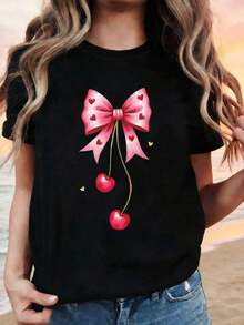 Talla Grande - Talla Grande - Conjunto Dulce con Lazo en Forma de Corazón y Estampado de Cerezas, Camiseta Elegante e casual de Mujer de Talla Grande con Cuello Redondo para Primavera y Verano. Estilo Creativo para Salidas Diarias - Negro - Ver 6