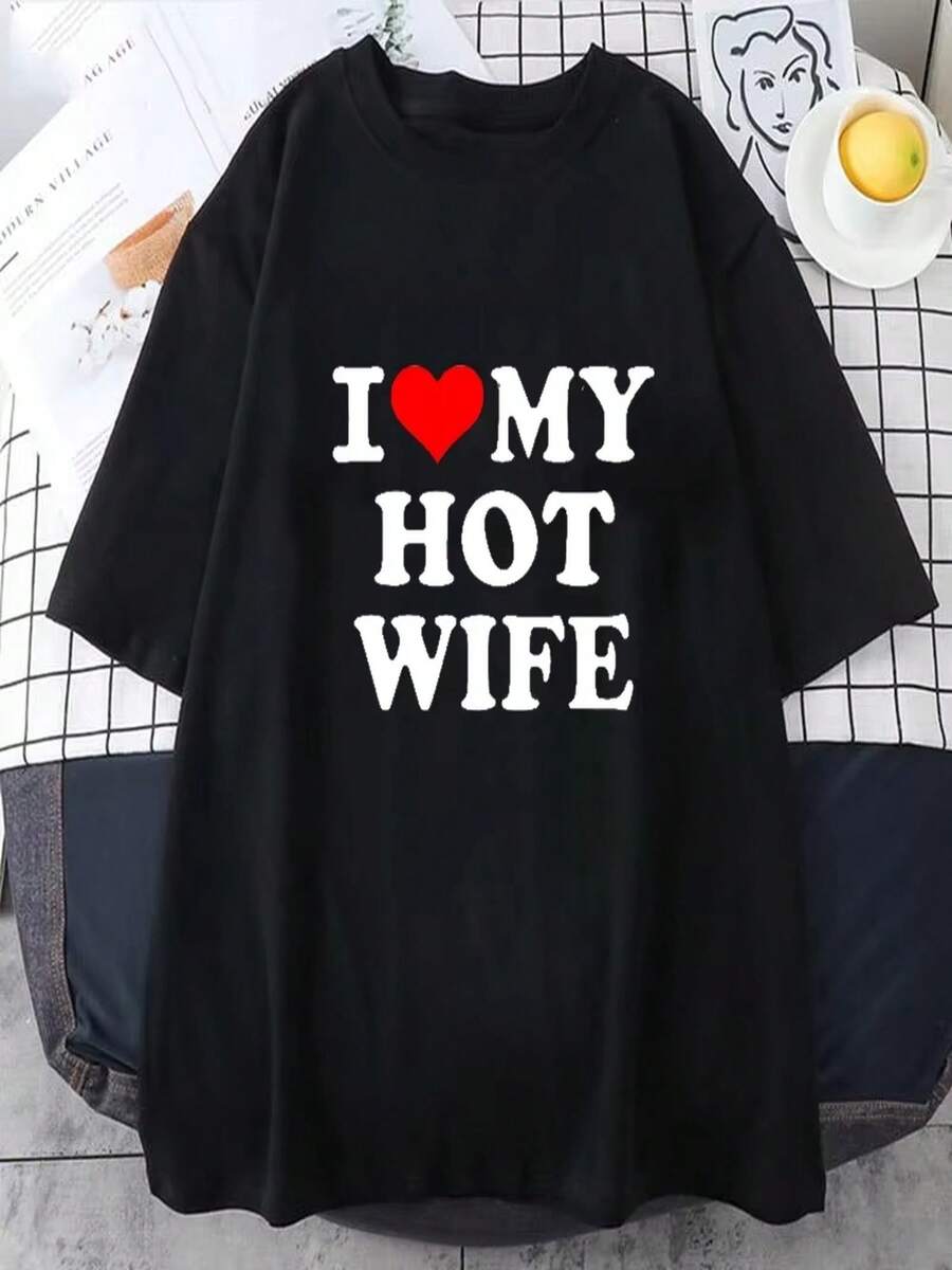Divertida camiseta "I Love My Hot Wife", camiseta gráfica de manga corta para verano, camiseta de estilo veraniego, ropa de mujer - Negro - Ver 1
