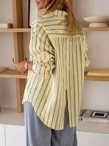 Camisa de manga larga con bolsillo frontal, botones traseros y estampado de rayas, de estilo casual para mujer, para primavera - Amarillo - Ver 2