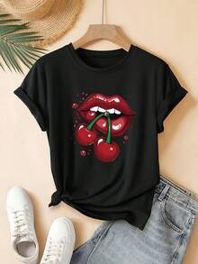 Camiseta unisex, para mujerCerezaLabiosImprimirInformalCamiseta-VeranoCortoMangaRedondoCuelloBlusaSuperiorAdecuadoparaInicio,Oficina&InformalVestimenta-MáquinaLavableVeranoConjuntos de ropaconLip,ropademujerblusasparadamacasualescamisasdemujerblusablusasparamujercamisas, GráficasimpresoAmigable con la piel, estilo de los 90Retro, Ropa Urbana, De Modacasualcamisetas - Negro - Ver 4