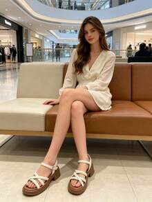 女款新款戶外厚底涼鞋、厚底涼鞋、交叉帶涼鞋 [尺碼偏小2號]白色涼鞋、沙灘鞋、塑膠底、可調節女款涼鞋、度假鞋、夏季涼鞋、夏季拖鞋、美式休閒風涼鞋、圓頭平底扣環開口涼鞋、時尚百搭優雅女鞋、迷人、適合日常通勤、戶外購物、度假、沙灘、簡約平底涼鞋 - 白色 - 查看 7