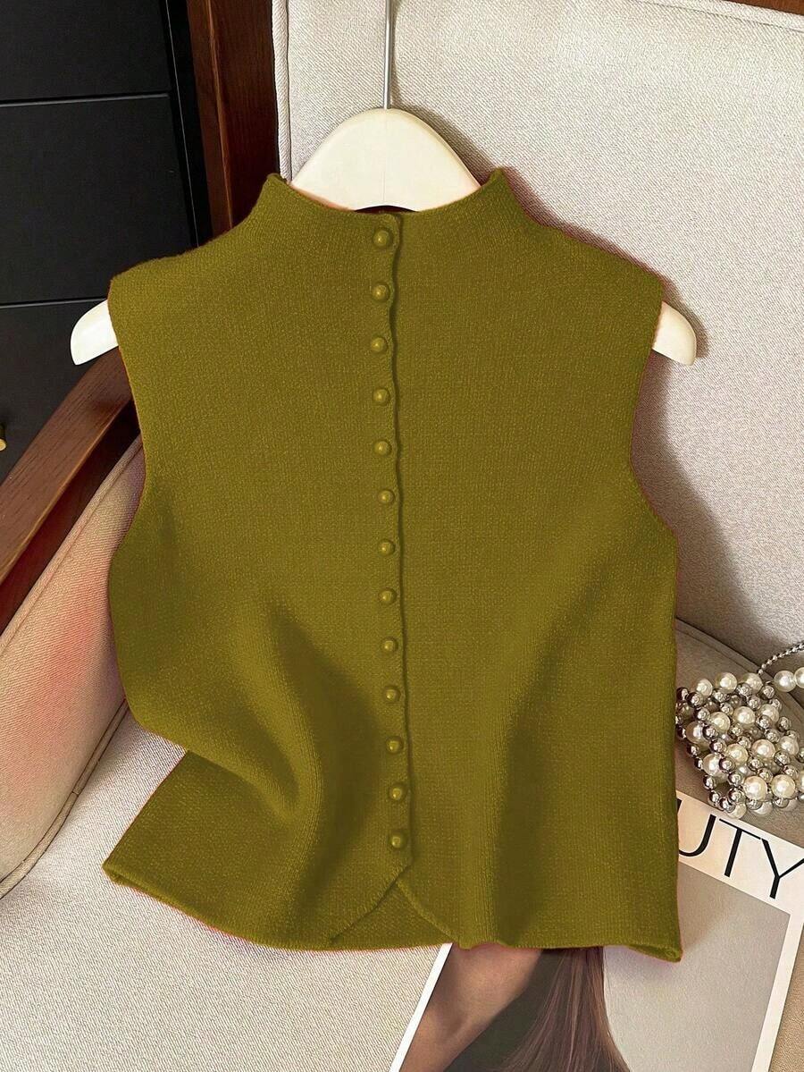 Suéter de mujer de punto con cuello alto, diseño de botones, sin mangas, suelto y casual, color rojo, para primavera/otoño - Verde Oliva - Ver 1