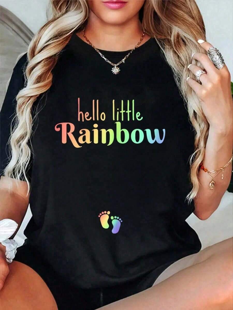 100% Cotton 100% Cotton 100% Cotton Women's T-Shirt With Graphic Print "Hello Little One, Pregnancy Announcement After Loss" - 黑色 - 查看 1