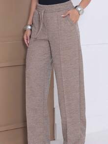 Women's Cold Weather Ribbed Knit Pants, Wide Leg, High Waist, Comfortable, Casual Fashion - 米色 - 查看 1