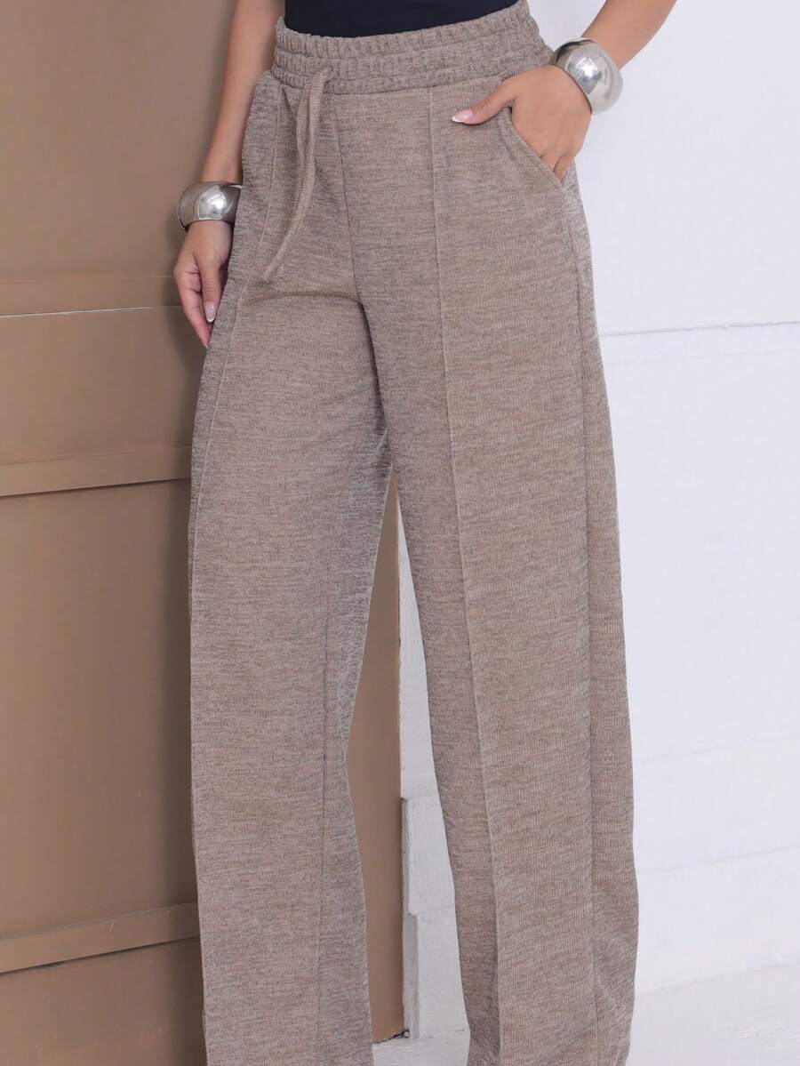 Women's Cold Weather Ribbed Knit Pants, Wide Leg, High Waist, Comfortable, Casual Fashion - 米色 - 查看 1