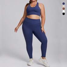 Set deportivo para mujer de talla grande, conjunto ajustado de 2 piezas con bolsillo, tela elástica efecto segunda piel para yoga y entrenamiento - Pantalones color moca - Ver 4