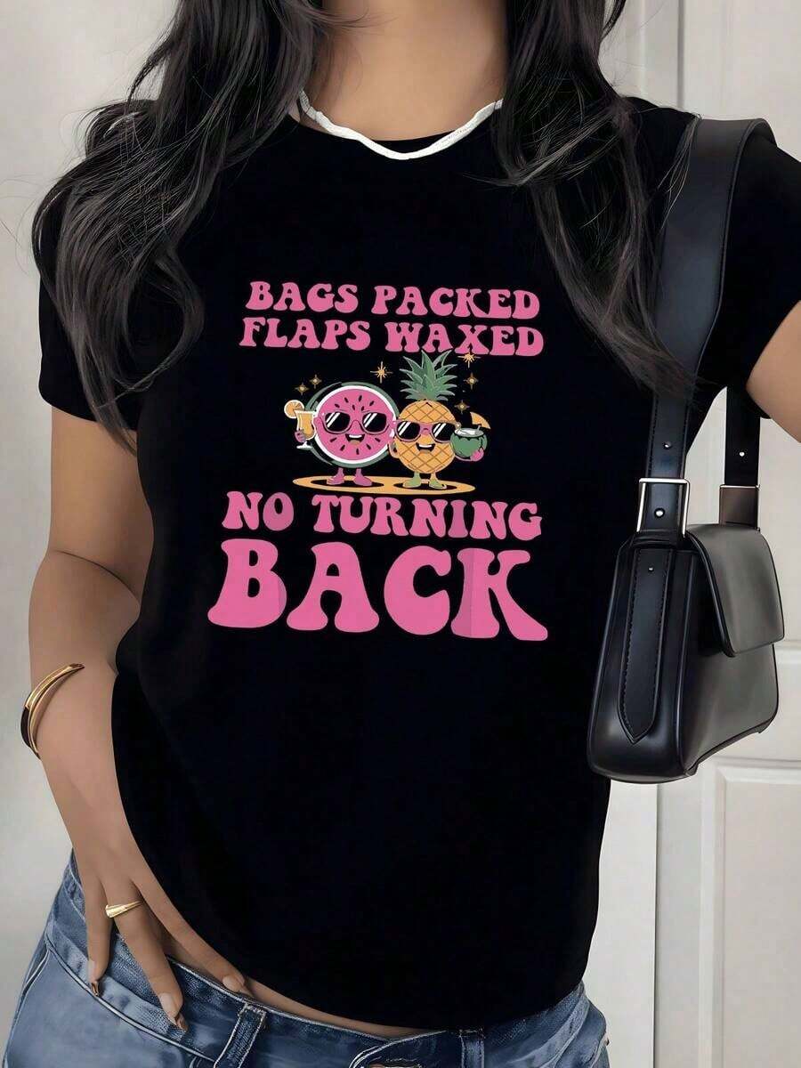 Camiseta con Estampado Gráfico de Frutas y Frases de Viaje, 180g, 1 Pieza, Estilo Vacacional, Casual para Mujer, 100% Algodón, Ropa de Calle de Verano - Negro - Ver 1