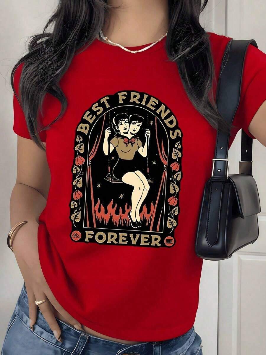 Vintage Pin-Up Girl Graphic Print T-Shirt, 180g, 1 Piece, Best Friends Forever, Women's Casual T-Shirt 100% Cotton, Retro Streetwear Style - 紅色 - 查看 1