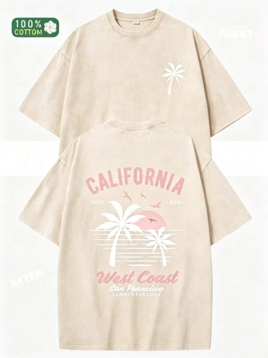 230g Heavyweight Washed Vintage T-Shirt For Women - Loose Fit Round Neck Short Sleeve, California Beach Surf And Palm Tree Print, Casual Summer Wear - 杏色 - 查看 1