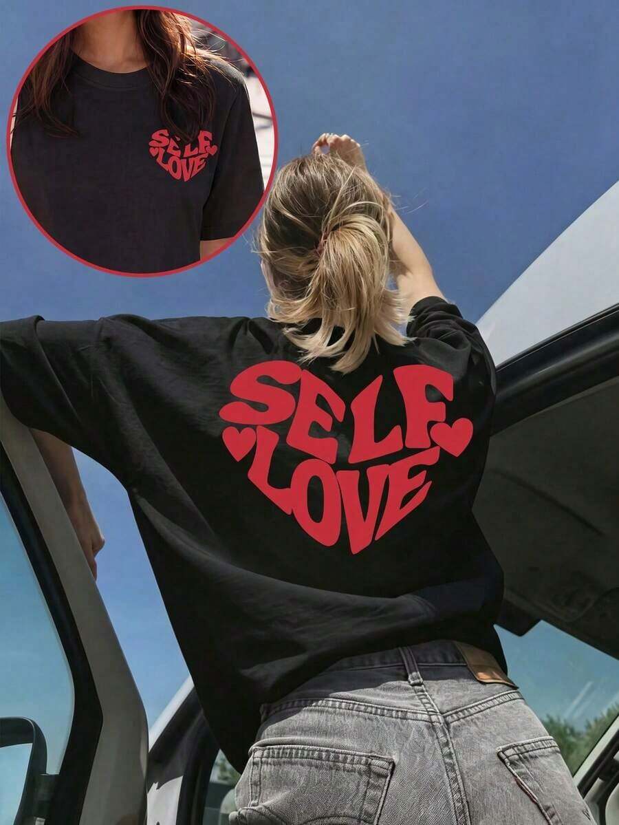 Camiseta Casual de Mujer de Punto con Estampado de Corazón, Manga Corta, Cuello Redondo, Hombros Caídos, Largo Regular, Top2026 - Negro - Ver 1