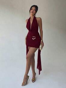 Nuevo vestido mini de malla verde con escote en V profundo, cuello halter, espalda descubierta, ajustado, volante asimétrico en el bajo, ideal para fiestas, festivales de música, bodas y vacaciones en la playa, perfecto también para el Día de San Patricio y festivales de música con estilo bohemio - Blanco - Ver 8