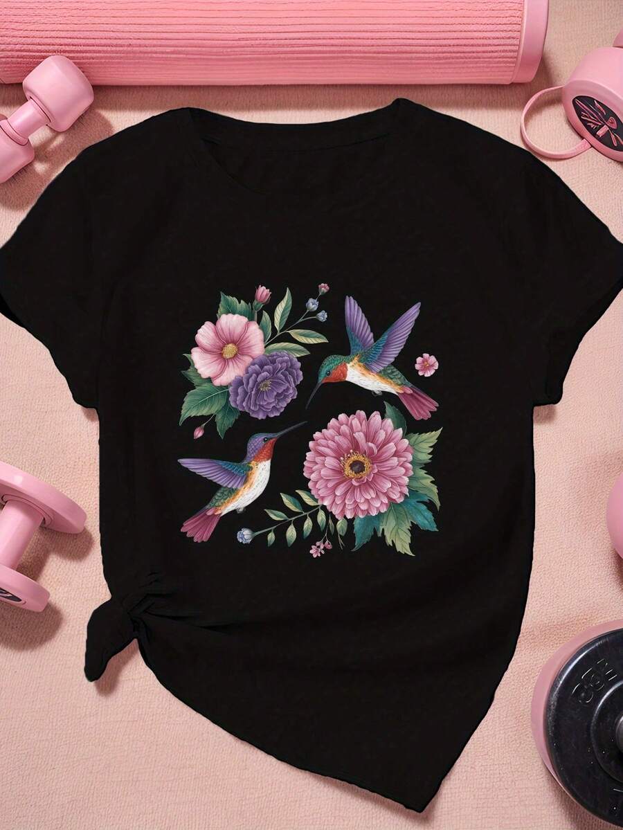 Camisetas de mujer: Dos camisetas deportivas de manga corta para mujer, talla grande, con estampado de colibríes brillantes. - Negro - Ver 1