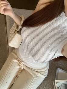 Sexy Rhinestone Decor Sleeveless Knit Crop Top, Design Details, Slim Fit, Summer White - White - View 8