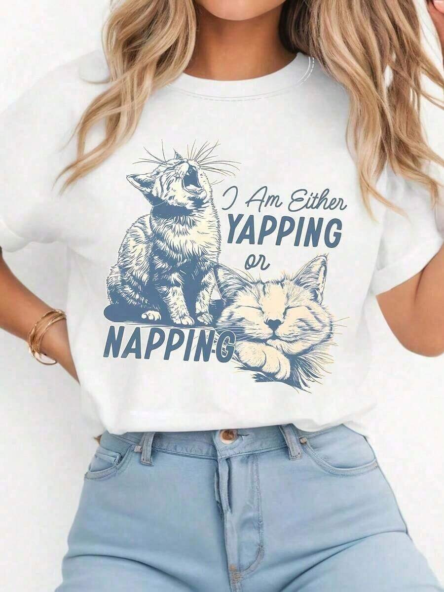 Playeras de mujer de algodón 2026 Ropa de verano para mujer, blusas elegantes Millennium, ropa casual para mujer, camiseta de cuello redondo con estampado divertido de gato, 100% algodón tejido, longitud regular, para usar en todas las estaciones, - Estampado con el proverbio "I Am Either Yapping Or Napping" - Blusas de verano - Nuevos conjuntos de vacaciones para mujer 2026 - Conjuntos - Blusa blanca, blusas de verano, blusas de primavera para mujer más vendidas, camisas de playa de verano para mujer >ropa - Blanco - Ver 1