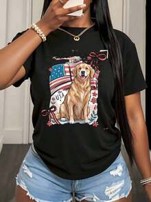 Oferta por tiempo limitado, cantidad limitada disponible,  relámpago, camisas de mujer, camisetas de mujer ¡Dios bendiga a América!Camiseta patriótica con la bandera estadounidense y diseño de Golden Retriever, para mujer, ideal para ocasiones informales, perfecta para las celebraciones del Día de la Independencia/4 de julio. - Negro - Ver 2