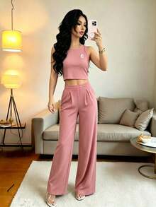 Conjunto de chaleco y pantalones a rayas casuales con cintura para mujer, adecuado para la oficina y el jardín, primavera/verano blanco elegante - Rosa - Ver 2