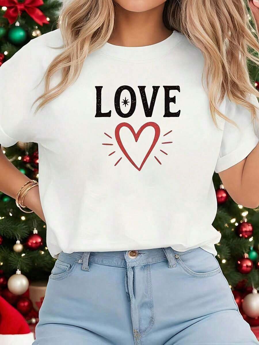 Conjuntos de Verano Minimalistas Modernos para Mujer, Camiseta de Mujer con Estampado de Corazón, Camiseta para el Día de San Valentín, Camiseta de Mujer con Cuello Redondo y Elegante Lema de Corazón LOVE, Regalo para el Día de San Valentín, Top Casual Dulce, Camiseta Versátil para Uso Diario, Conjuntos de Verano para Mujer, Tops de Verano, Casual para el Día a Día - Blanco - Ver 1