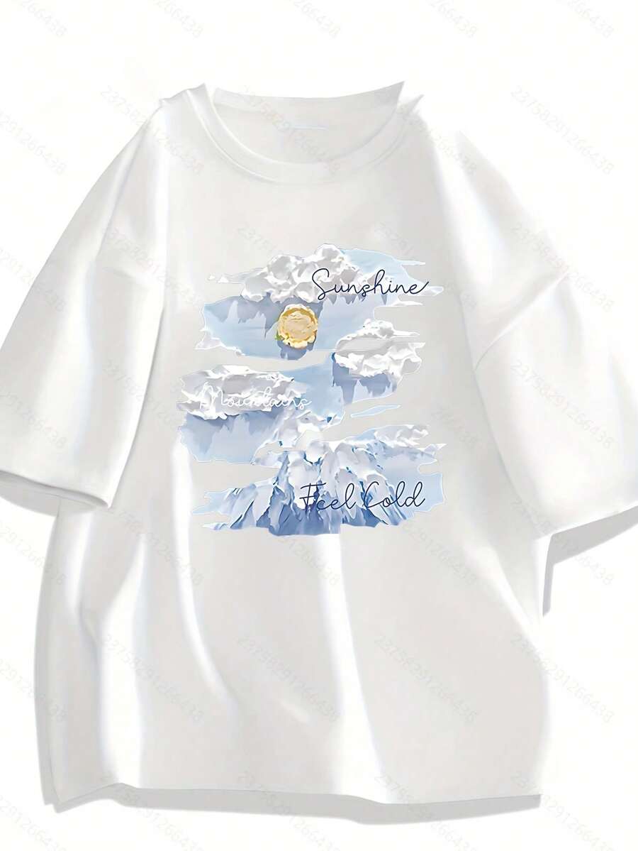 Women's Summer T-Shirt With Snowy Mountain Print, Short Sleeve, Round Neck, Korean Style, Loose Fit, Collegiate Style, Urban, Casual, Versatile - 白色 - 查看 1