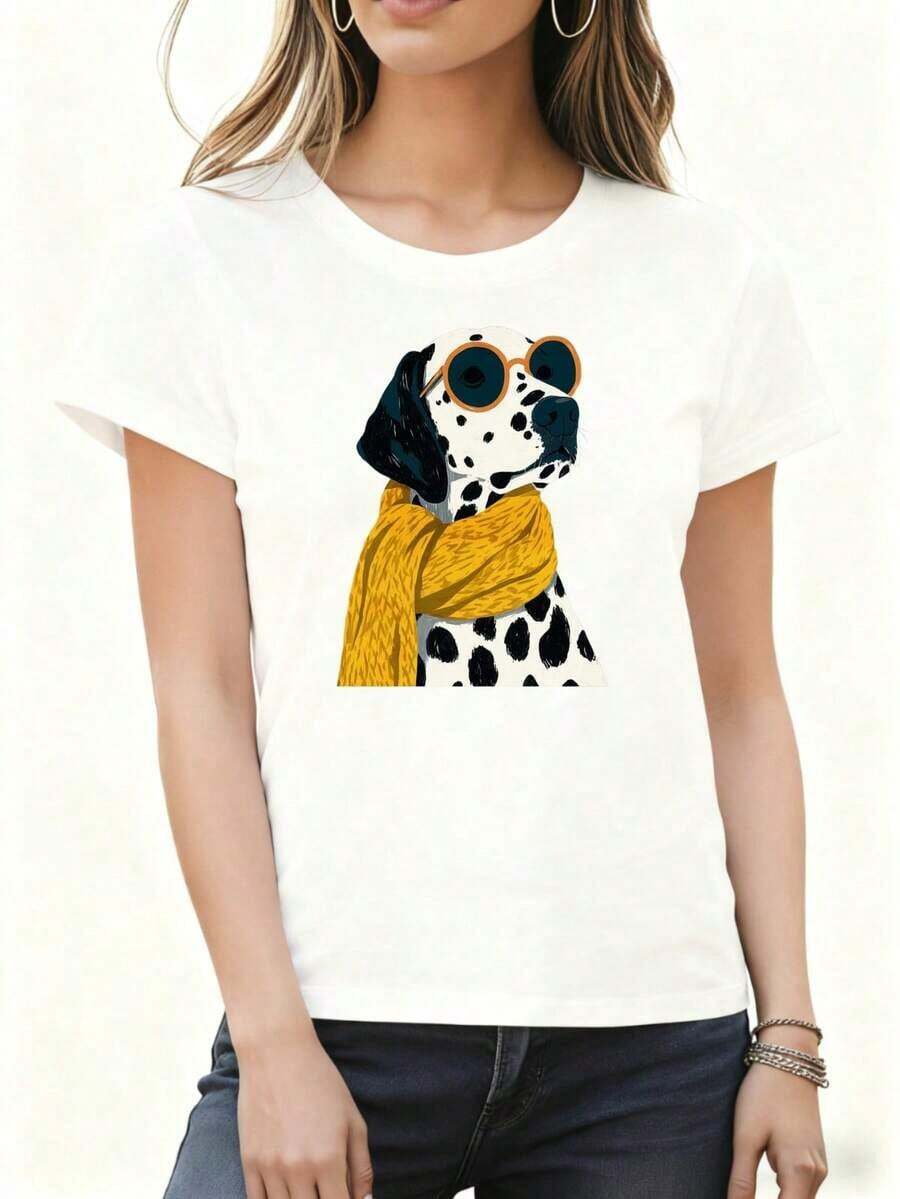 Camiseta de manga corta para mujer, blanca, con estampado de perro dálmata con gafas de sol y bufanda, ropa casual para casa, viajes, festivales y fiestas. Adecuado como regalo.playera de mujer.blusas>elegante.boho chic,Top de mujer suave, transpirable y cómodo, ideal para primavera, verano y otoño, perfecto para vacaciones, viajes y uso diario. - Blanco - Ver 1