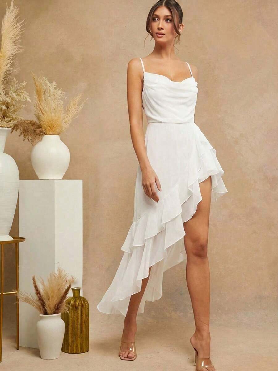 Vestido camisero elegante con estampado floral, volantes y bajo asimétrico para mujer - Blanco - Ver 1