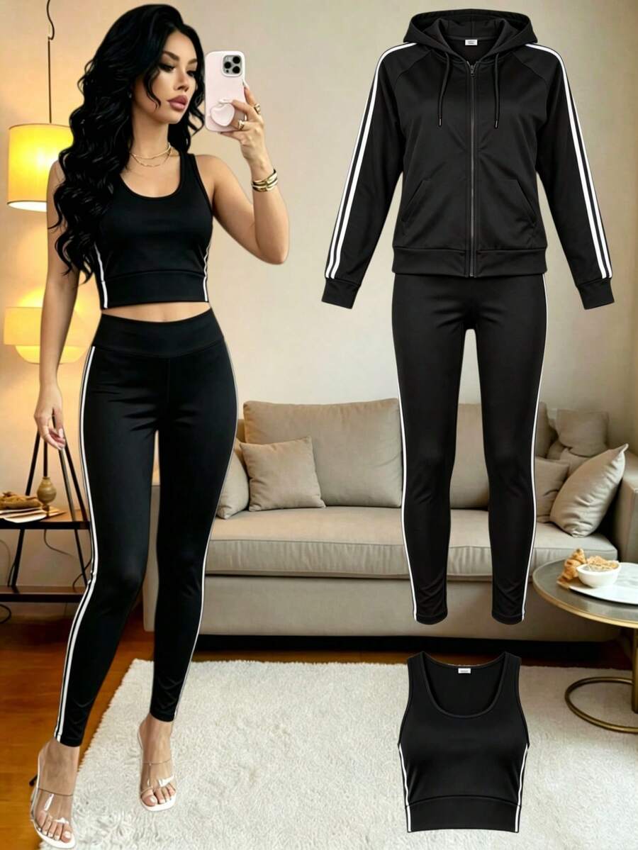 Conjunto de 3 piezas de ropa deportiva para mujer que incluye: Cárdigan con cremallera de punto negro + Top de tirantes + Pantalones - Negro - Ver 1