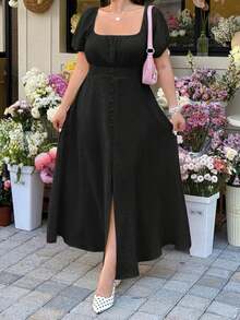 GalTyme Vestido de talla grande con textura trenzada de nudos de bambú - Negro - Ver 4