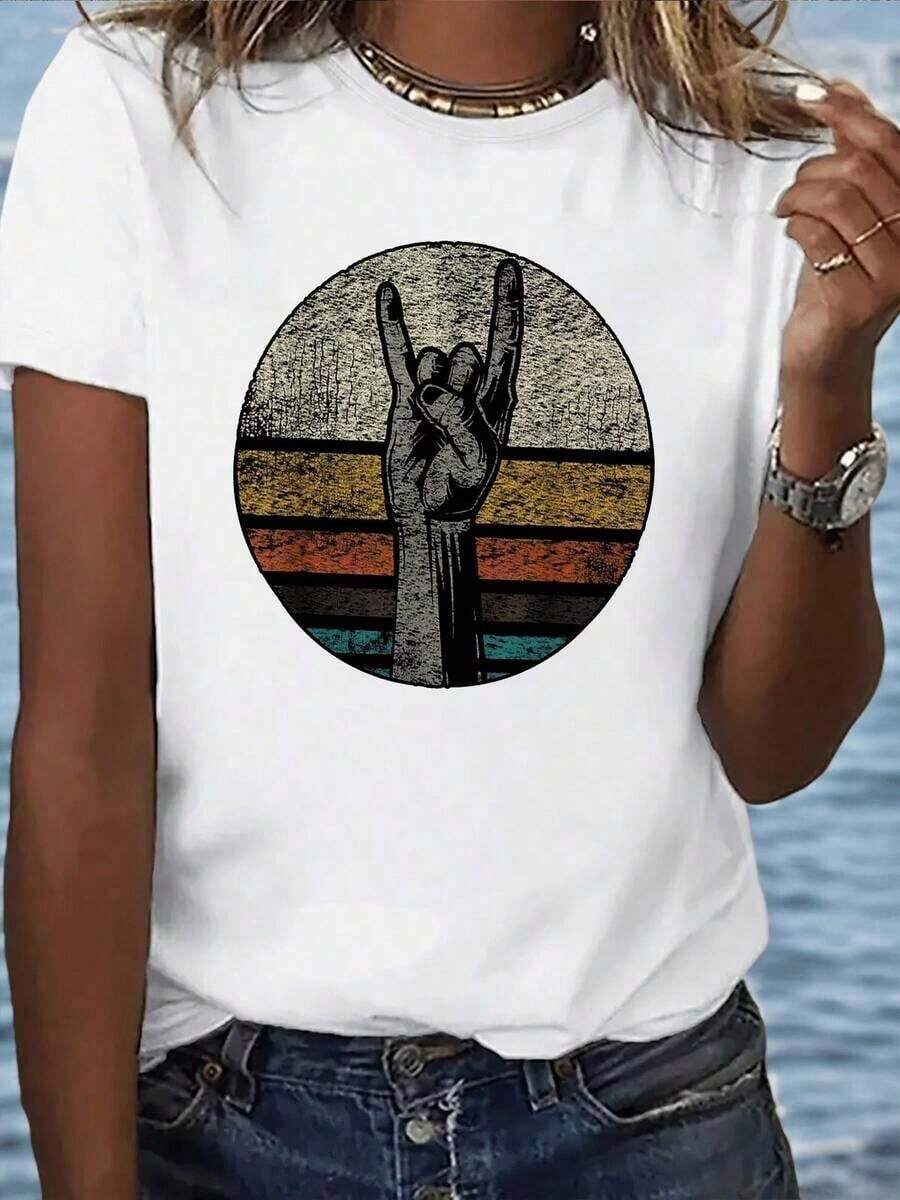 1 Piece Of Women's Casual Short-Sleeve T-Shirt With Vintage Rock And Roll Style Hand Gesture Graphic Print, Summer Fashion Top, 210g, 100% Cotton, Designs Are Fully Printed. Unisex. - 白色的 - 查看 1
