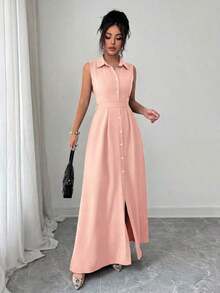 Vestido de línea A con cintura ceñida, cuello redondo y sin mangas, elegante y romántico para vacaciones de verano de mujer - Blanco - Ver 3