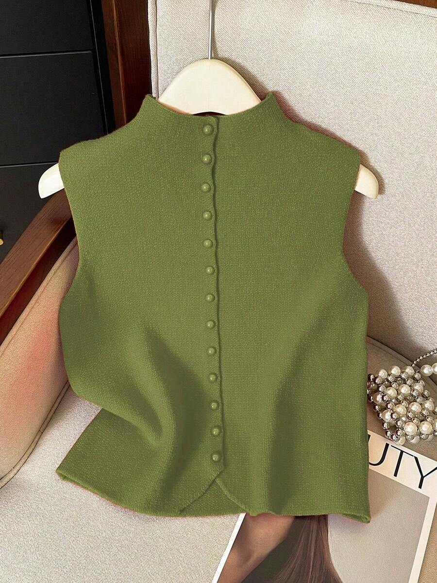 Suéter de mujer de punto con cuello alto, diseño de botones, sin mangas, suelto y casual, color rojo, para primavera/otoño - Verde 2 - Ver 1