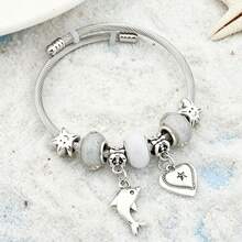 1 pièce Bracelet en acier inoxydable style bohème avec breloques cœur, étoile, dauphin et visage souriant, perles de vie marine en cristal blanc, taille unique, convient pour un bijou thème plage décontracté, cadeau - Océan - Voir 3