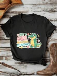 TrendyCamiseta con estampado de cocodrilo para mujer, 100% algodón, estampado artístico, estilo hip-hop urbano, transpirable.Everyday Wear - Negro - Ver 1