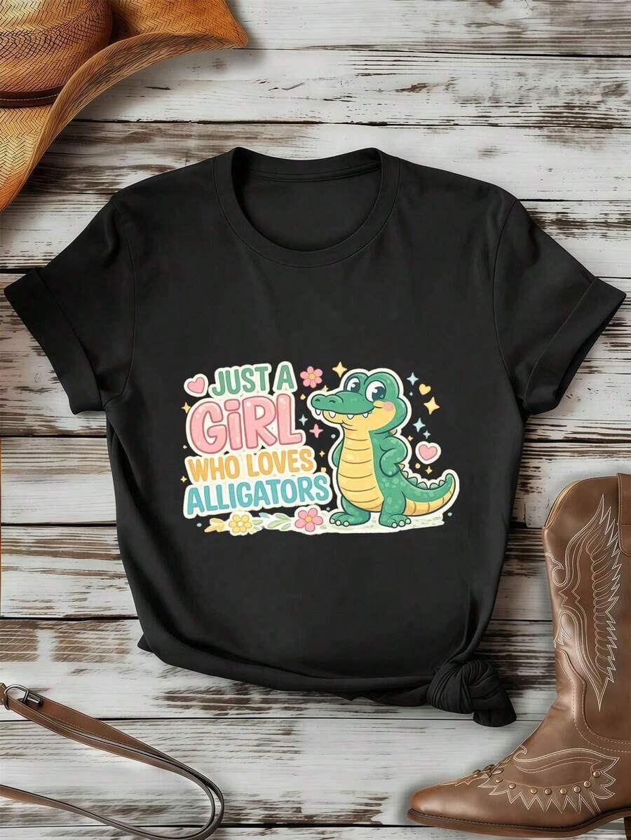 TrendyCamiseta con estampado de cocodrilo para mujer, 100% algodón, estampado artístico, estilo hip-hop urbano, transpirable.Everyday Wear - Negro - Ver 1