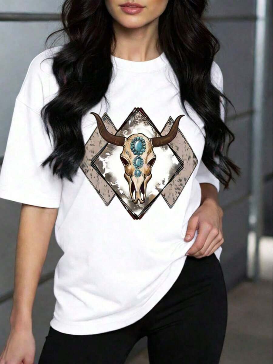 Camiseta Casual con Estampado de Calaveras y Cabezas de Toro, Impresión por Transferencia Térmica, Camiseta de Manga Corta, Camisetas Gráficas para Mujer, para Verano, 100% Algodón, Duradera - Blanco - Ver 1
