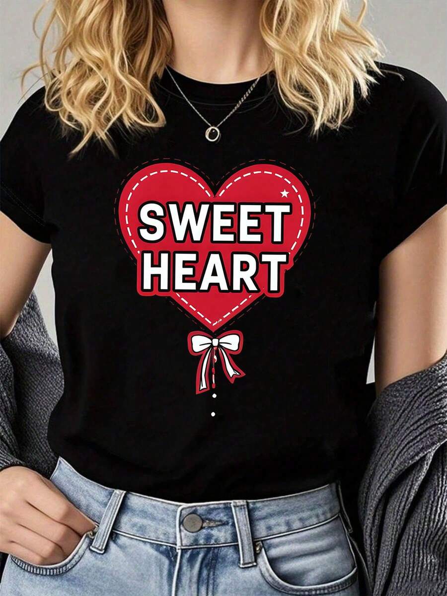 Camiseta con Estampado de Corazón para Mujer, Manga Corta, Cuello Redondo, Estilo Casual para Primavera/Verano, Regalo Casual para el Día a Día o Vacaciones - Camiseta Unisex de Algodón, Estilo Vintage Urbano, Cuello Redondo y Manga Corta - Negro - Ver 1