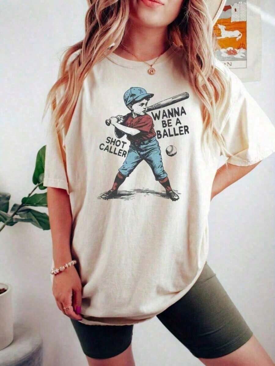 Nueva Llegada 2026: Camiseta Gráfica Retro de Béisbol para Mujer, Tallas Grandes, Estilo Casual para Uso Diario, Cómoda y Transpirable, Perfecta como Top Deportivo para Días de Partido y Atuendo Casual, Regalo Ideal para Mamás Deportistas. Tela Suave, Transpirable, 100% Algodón, Camiseta Gráfica para Mujer de Uso Diario. - Albaricoque - Ver 1