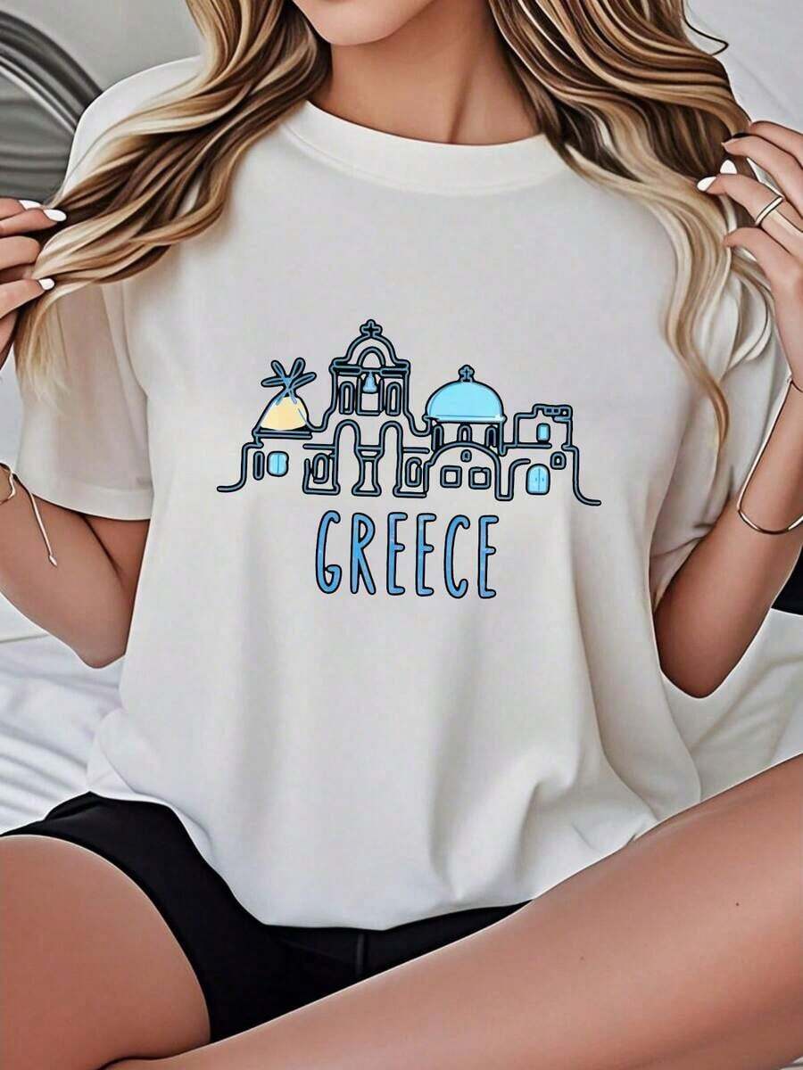 Camiseta de mujer casual con cuello redondo, opciones en negro y blanco, estampado de monumentos de Grecia, camisetas de uso diario de verano, tops de verano, camisetas gráficas, conjuntos de verano, camisetas gráficas de mujer, tops cortos de mujer, blusas vintage de algodón, ropa linda para mujer. - Blanco - Ver 1
